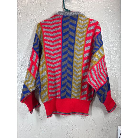 Vintage Geometric Pattern Sweater Adult Dolman Sleeve Red Blue Gold Knit Size XL - Picture 3 of 5